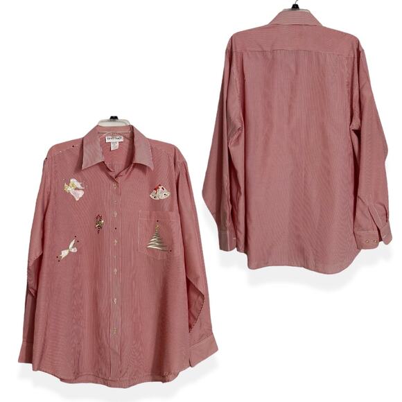 Button-Up Christmas Shirt Red Pin Stripe Blouse Women XL Long Sleeve VTG 90s USA - Picture 1 of 13